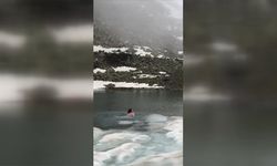 Rizeli doğa fotoğrafçısı buzla kaplı gölde yüzdü