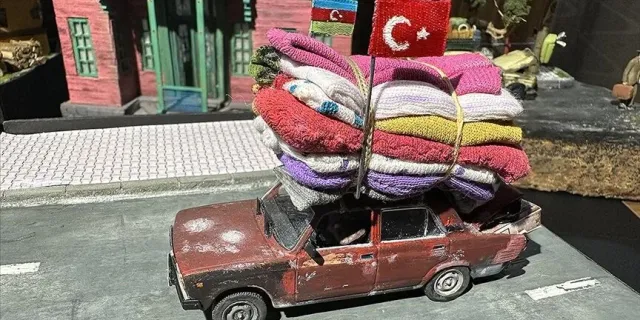 Depremzedelere yardım ulaştıran Azerbaycanlının aracının diorama tekniğiyle maketi yapıldı