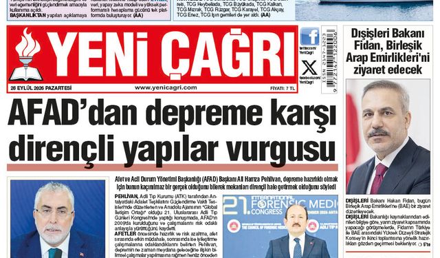 Yeni Çağrı Gazetesi'nin 28 Eylül 2026 Pazartesi Tarihli Gazete Sayfaları