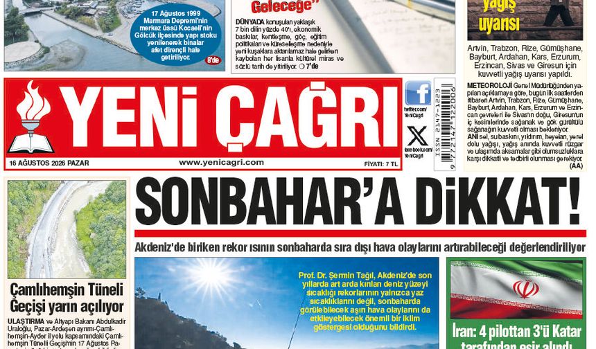 Yeni Çağrı Gazetesi'nin 16 Ağustos 2026 Pazar Tarihli Gazete Sayfaları