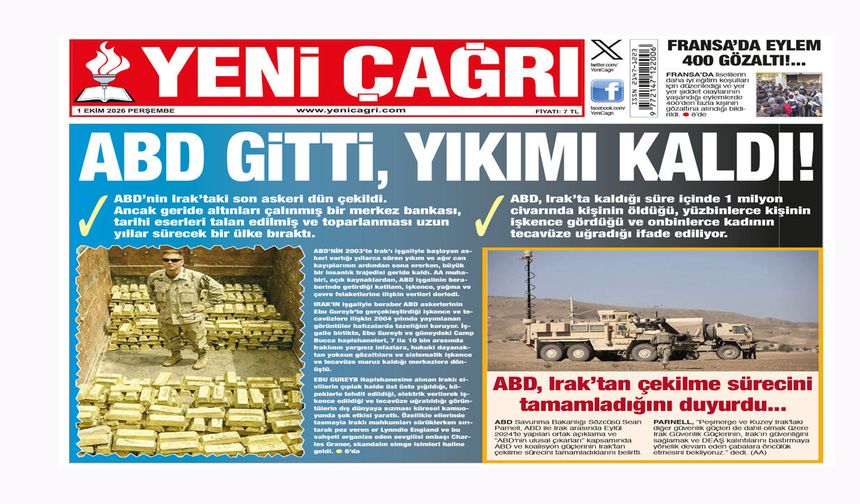 Yeni Çağrı Gazetesi'nin 1 Ekim 2026 Perşembe Tarihli Gazete Sayfaları