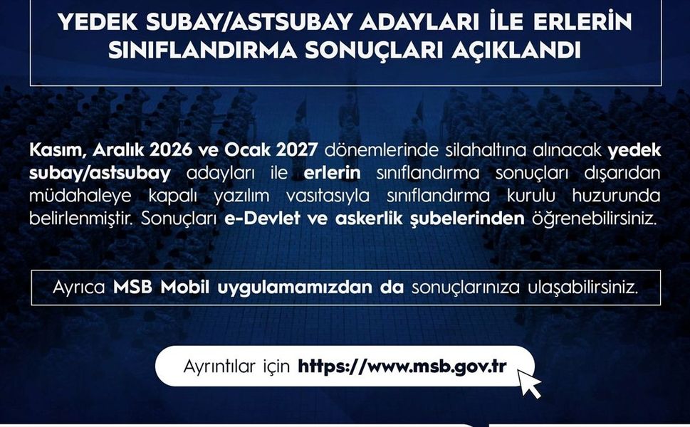 Kasım ve Aralık 2026 ile Ocak 2027 dönemi askerlik sınıflandırma sonuçları açıklandı